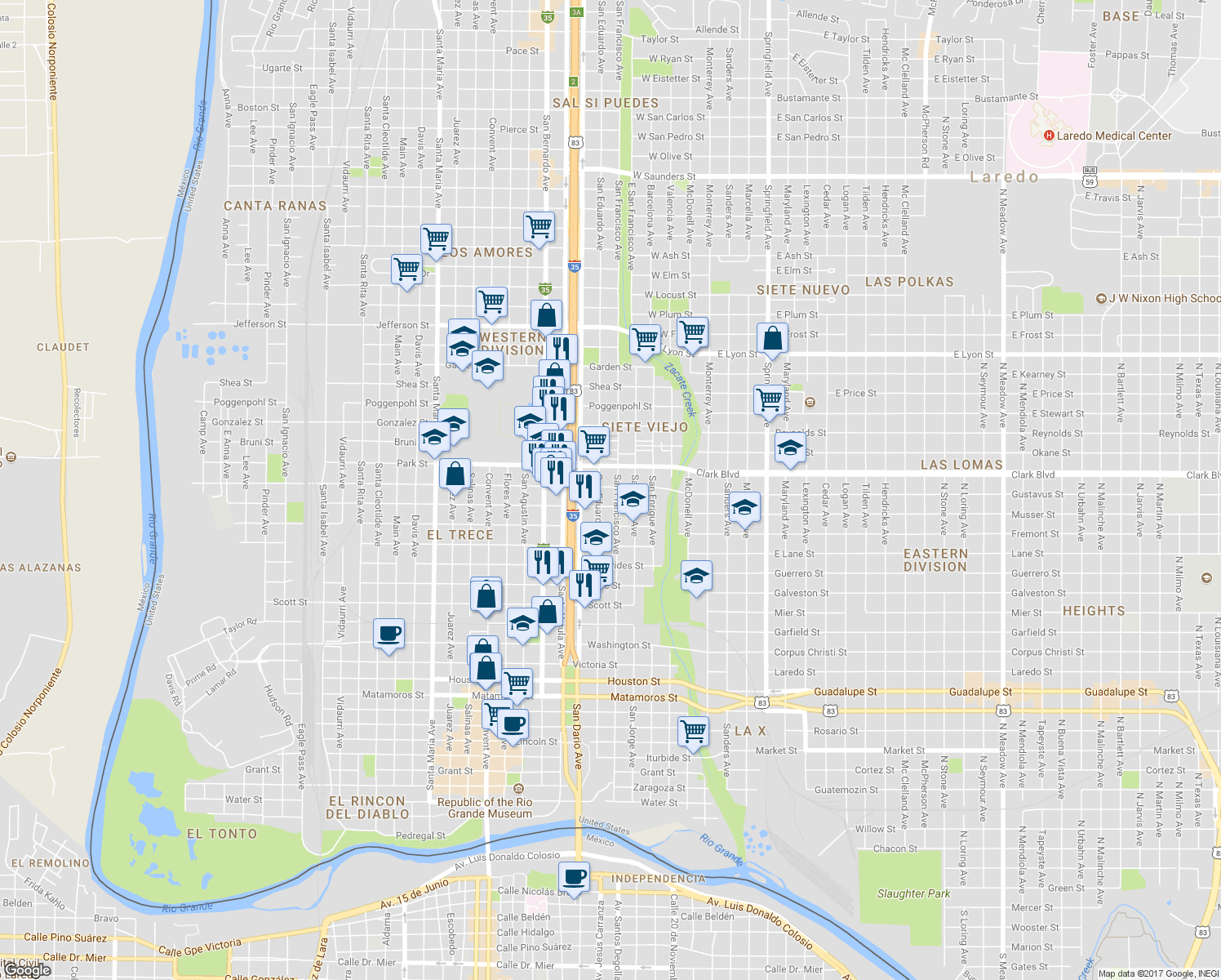 map of restaurants, bars, coffee shops, grocery stores, and more near 505 Sanchez Street in Laredo