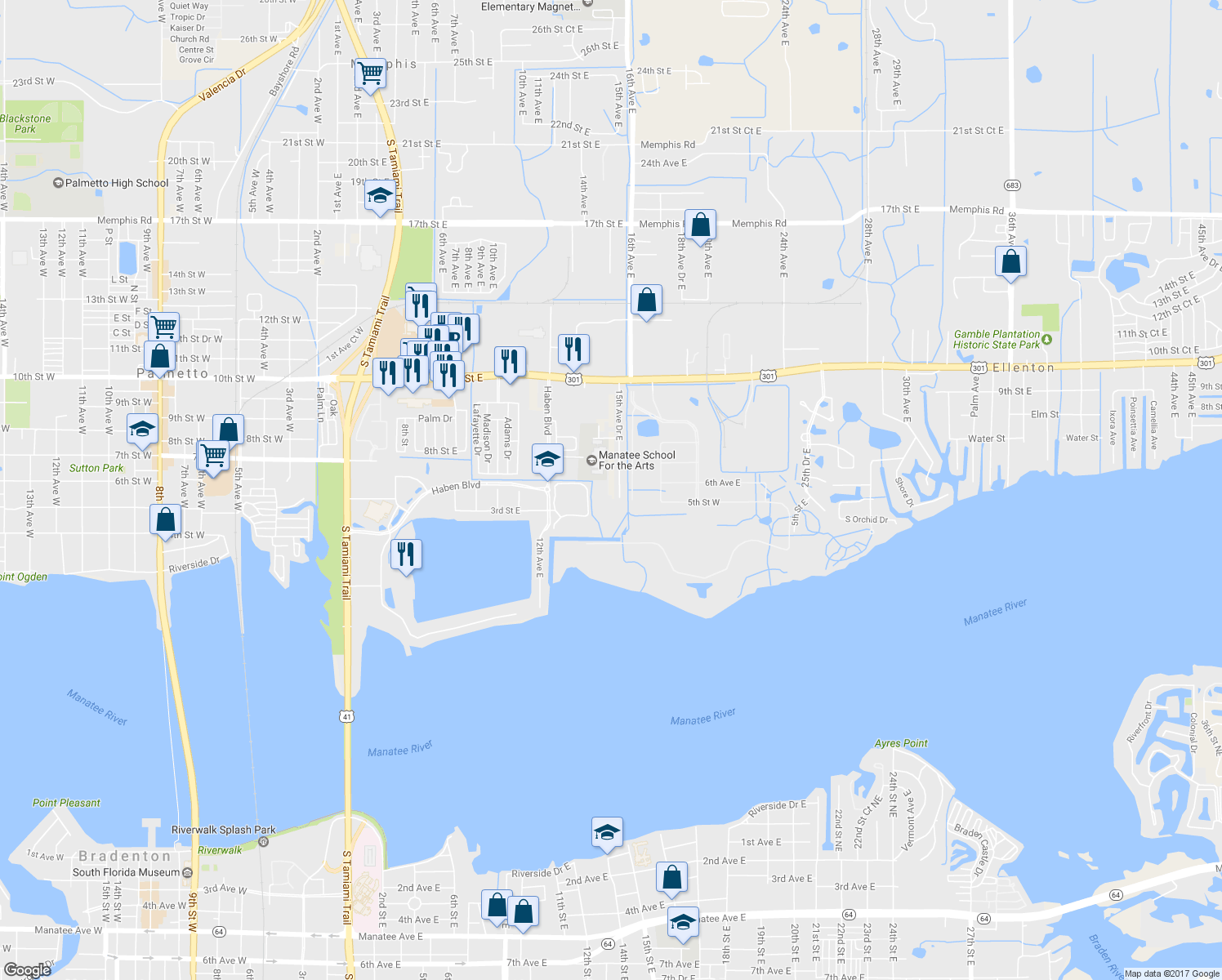 map of restaurants, bars, coffee shops, grocery stores, and more near 529 15th Avenue Drive East in Palmetto