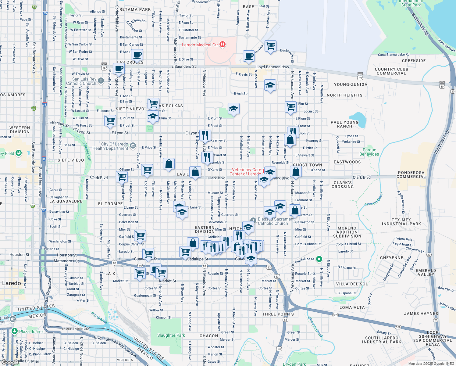 map of restaurants, bars, coffee shops, grocery stores, and more near 1902 Gustavus St in Laredo