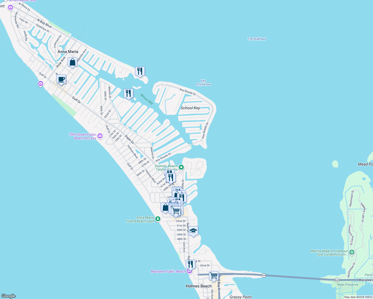 map of restaurants, bars, coffee shops, grocery stores, and more near 539 Key Royale Drive in Holmes Beach
