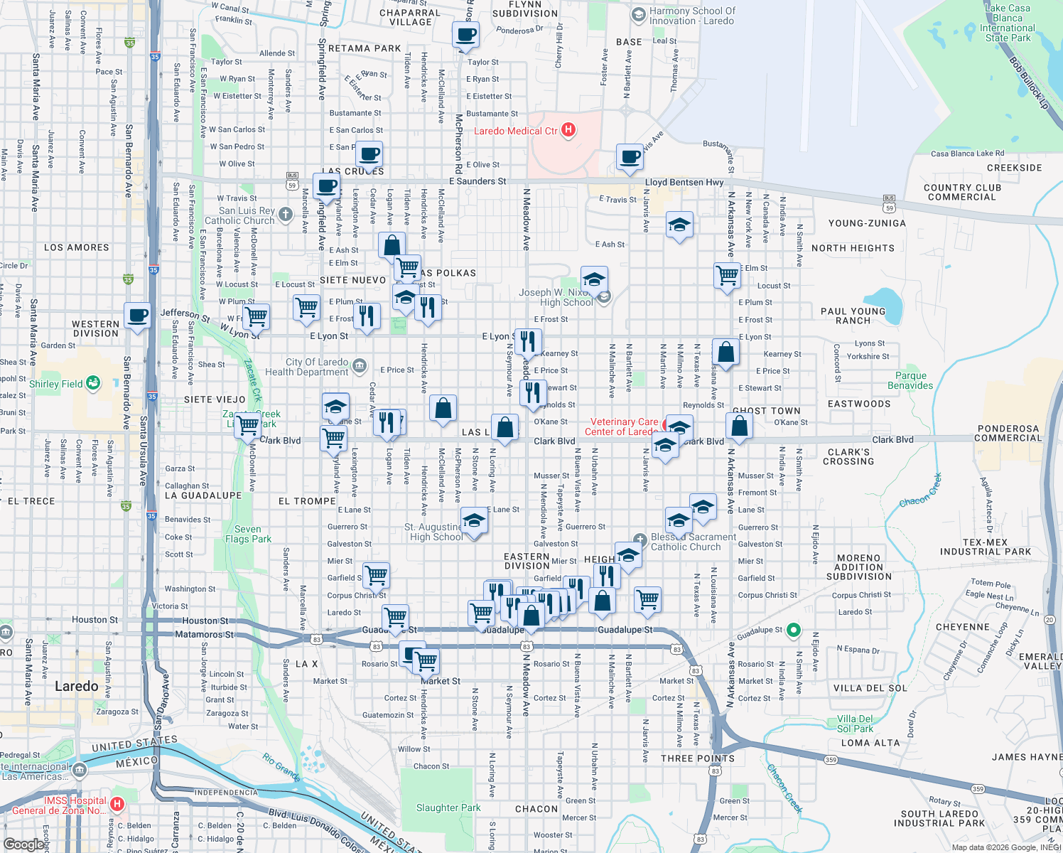 map of restaurants, bars, coffee shops, grocery stores, and more near 1602 Clark Boulevard in Laredo