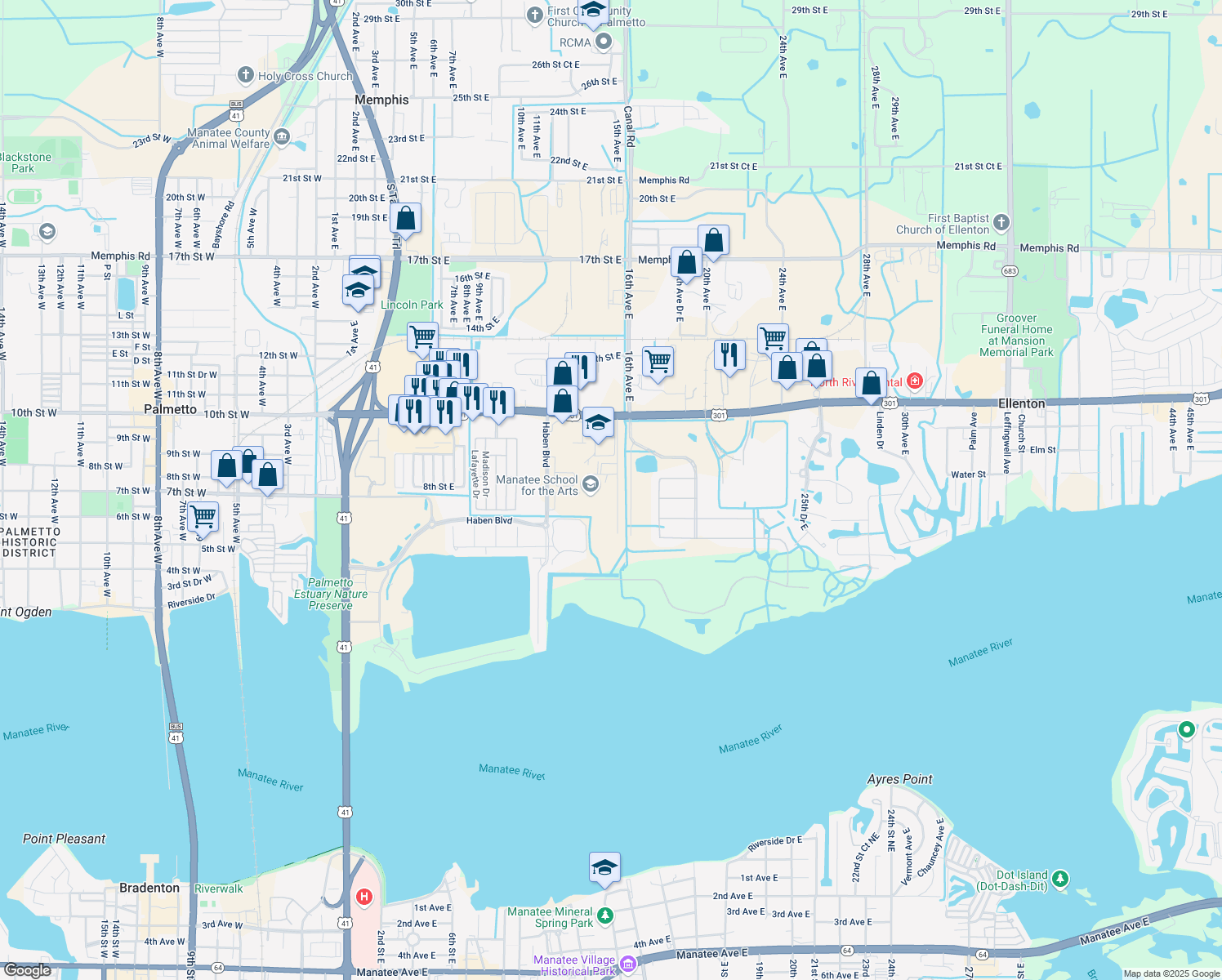 map of restaurants, bars, coffee shops, grocery stores, and more near 711 15th Avenue Drive East in Palmetto