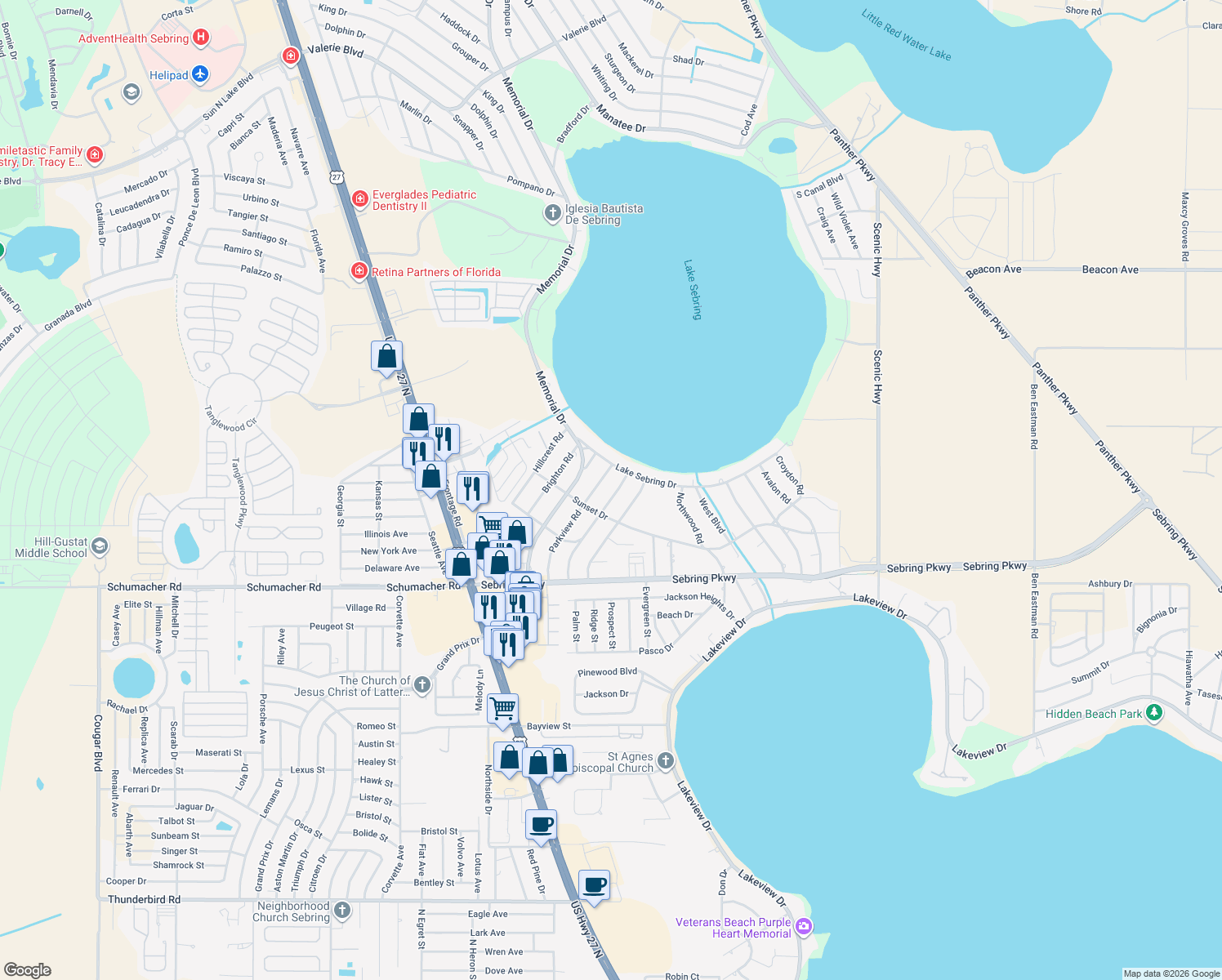 map of restaurants, bars, coffee shops, grocery stores, and more near 215 Spring Garden Road in Sebring