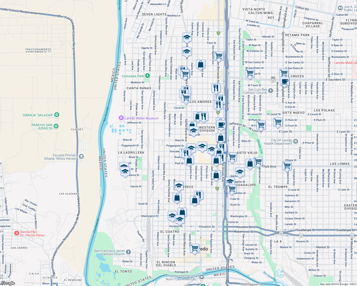map of restaurants, bars, coffee shops, grocery stores, and more near 2310 Davis Ave in Laredo