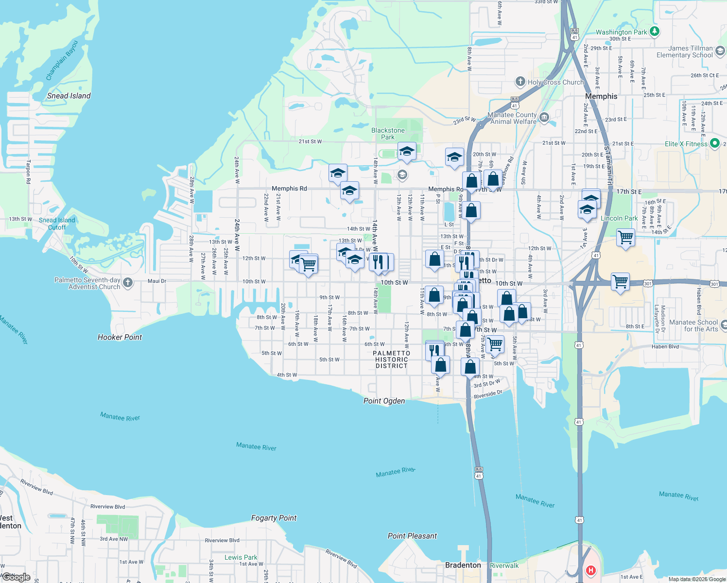 map of restaurants, bars, coffee shops, grocery stores, and more near 904 15th Avenue West in Palmetto