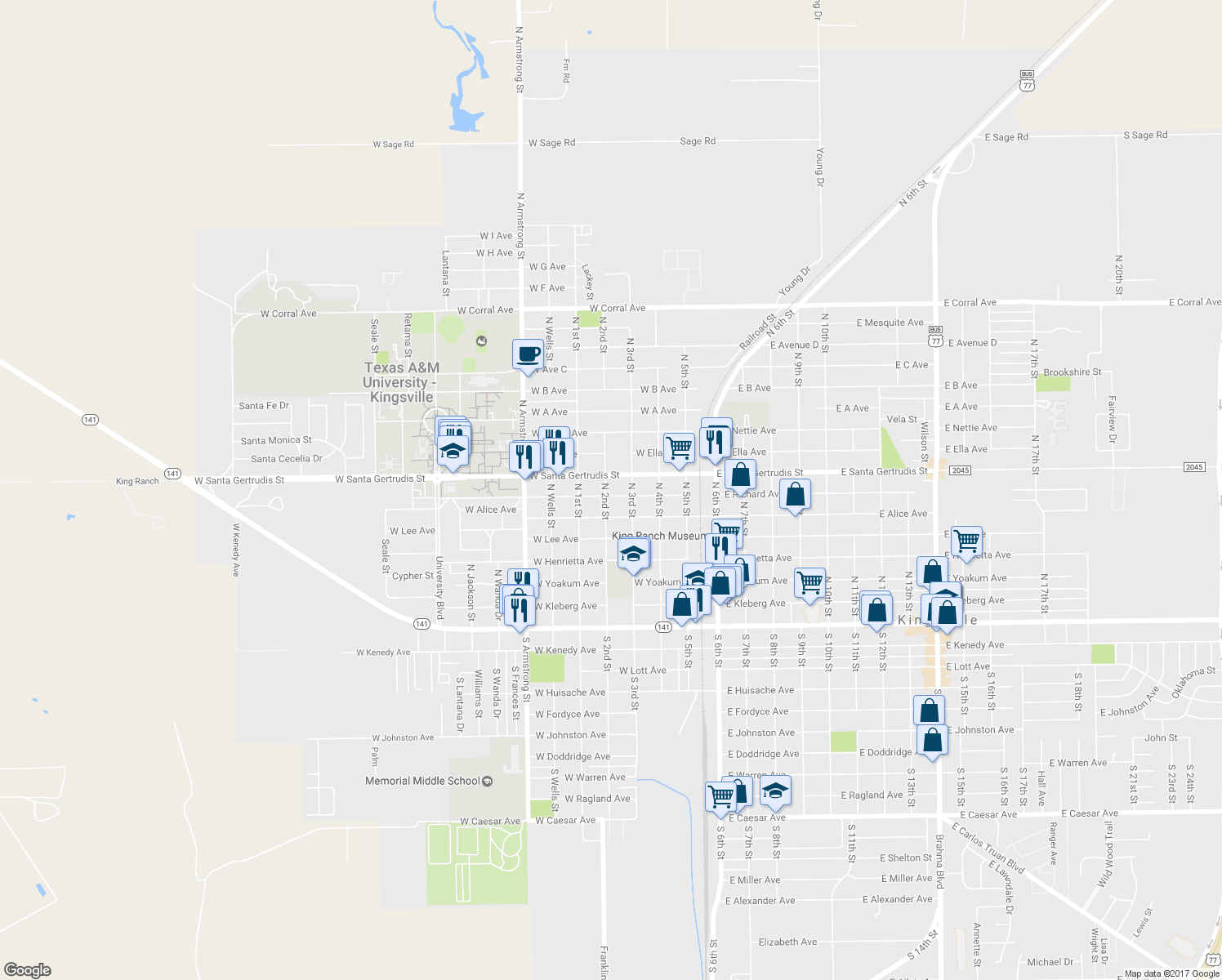 map of restaurants, bars, coffee shops, grocery stores, and more near 430 West Richard Avenue in Kingsville
