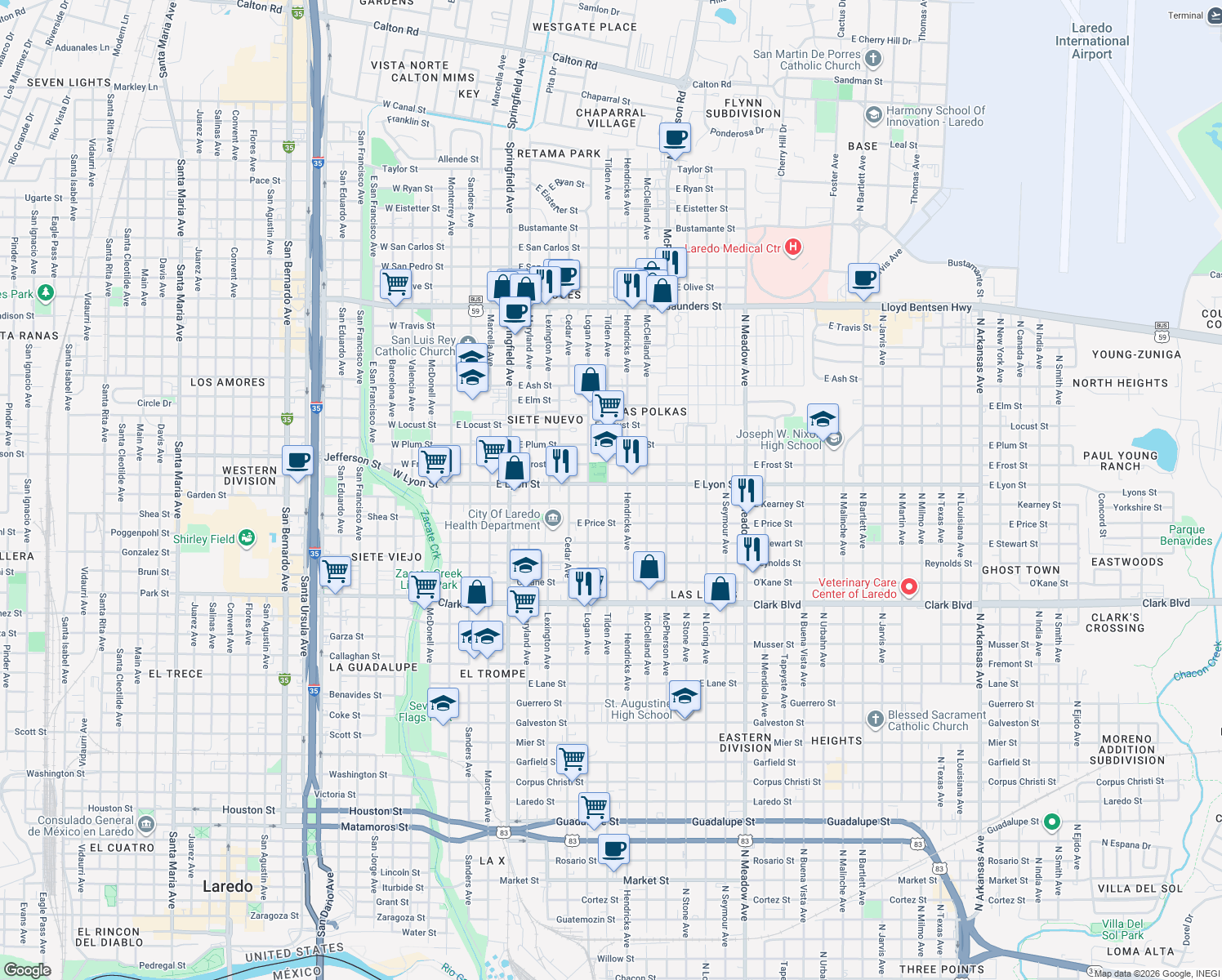 map of restaurants, bars, coffee shops, grocery stores, and more near 901 E Lyon St in Laredo