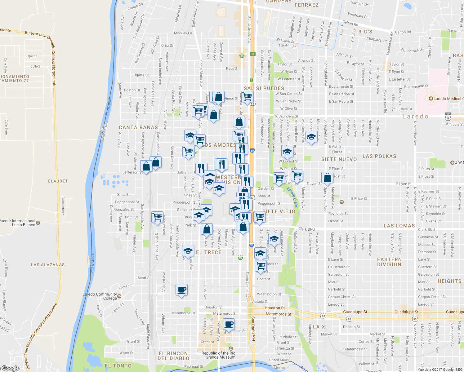 map of restaurants, bars, coffee shops, grocery stores, and more near 2504 San Agustin Avenue in Laredo