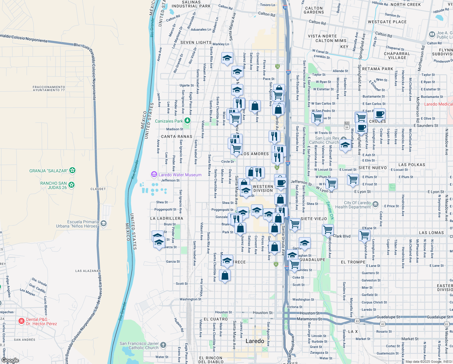 map of restaurants, bars, coffee shops, grocery stores, and more near 1611 Jefferson Street in Laredo