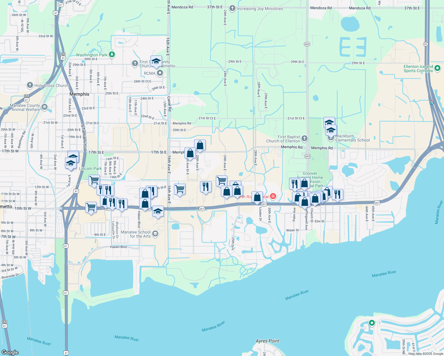 map of restaurants, bars, coffee shops, grocery stores, and more near 1305 24th Avenue East in Palmetto