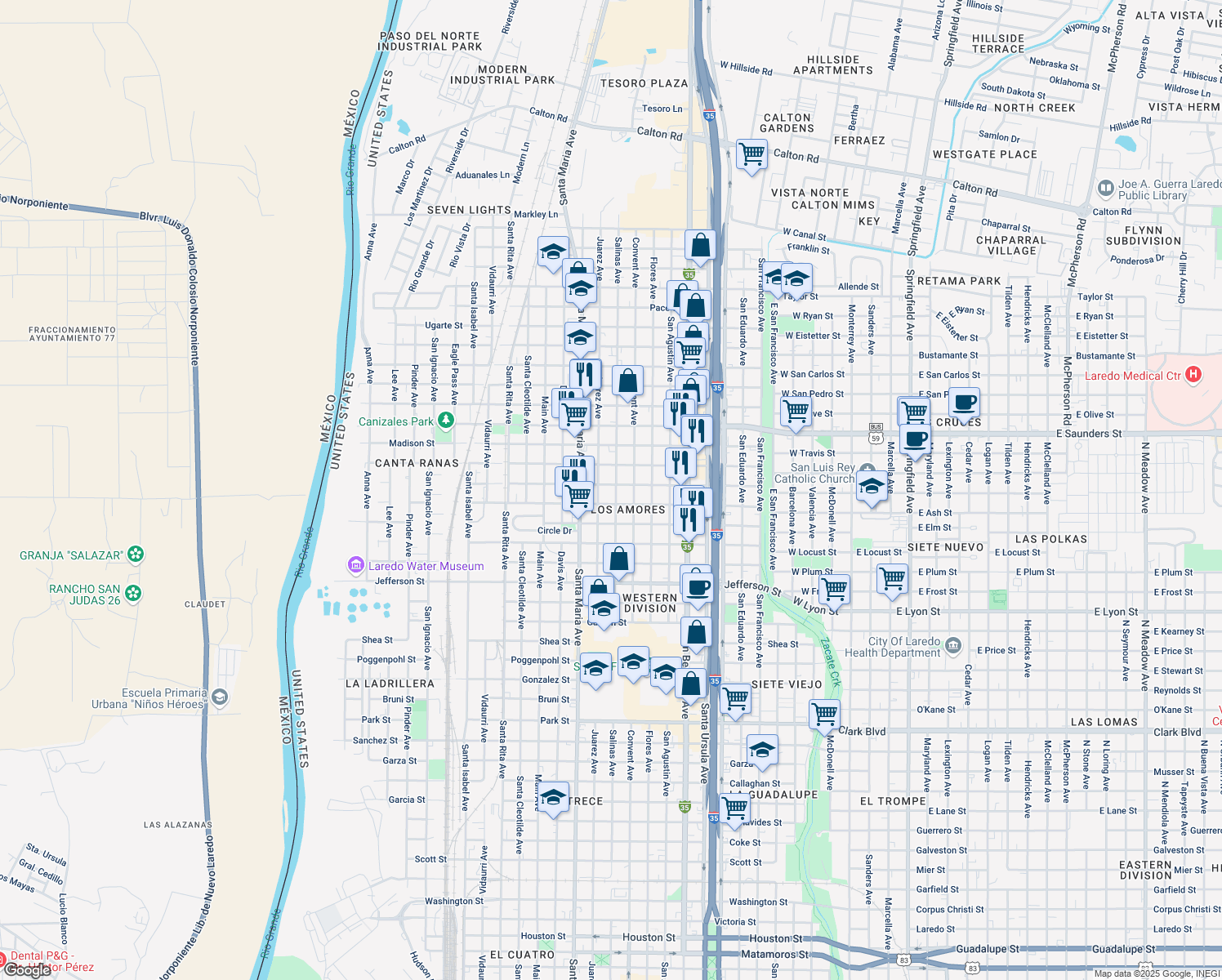 map of restaurants, bars, coffee shops, grocery stores, and more near 3118 Salinas Ave in Laredo