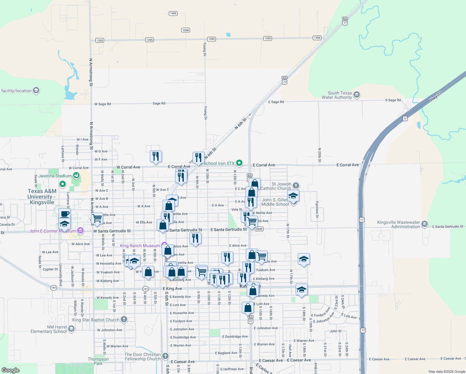 map of restaurants, bars, coffee shops, grocery stores, and more near 816 East C Avenue in Kingsville