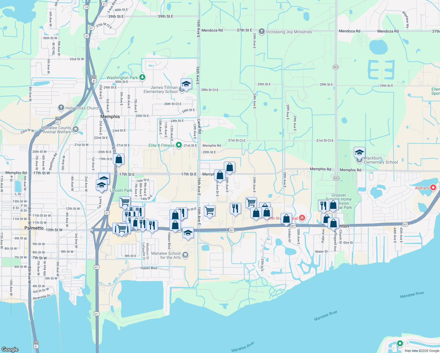 map of restaurants, bars, coffee shops, grocery stores, and more near 1622 18th Avenue Drive East in Palmetto