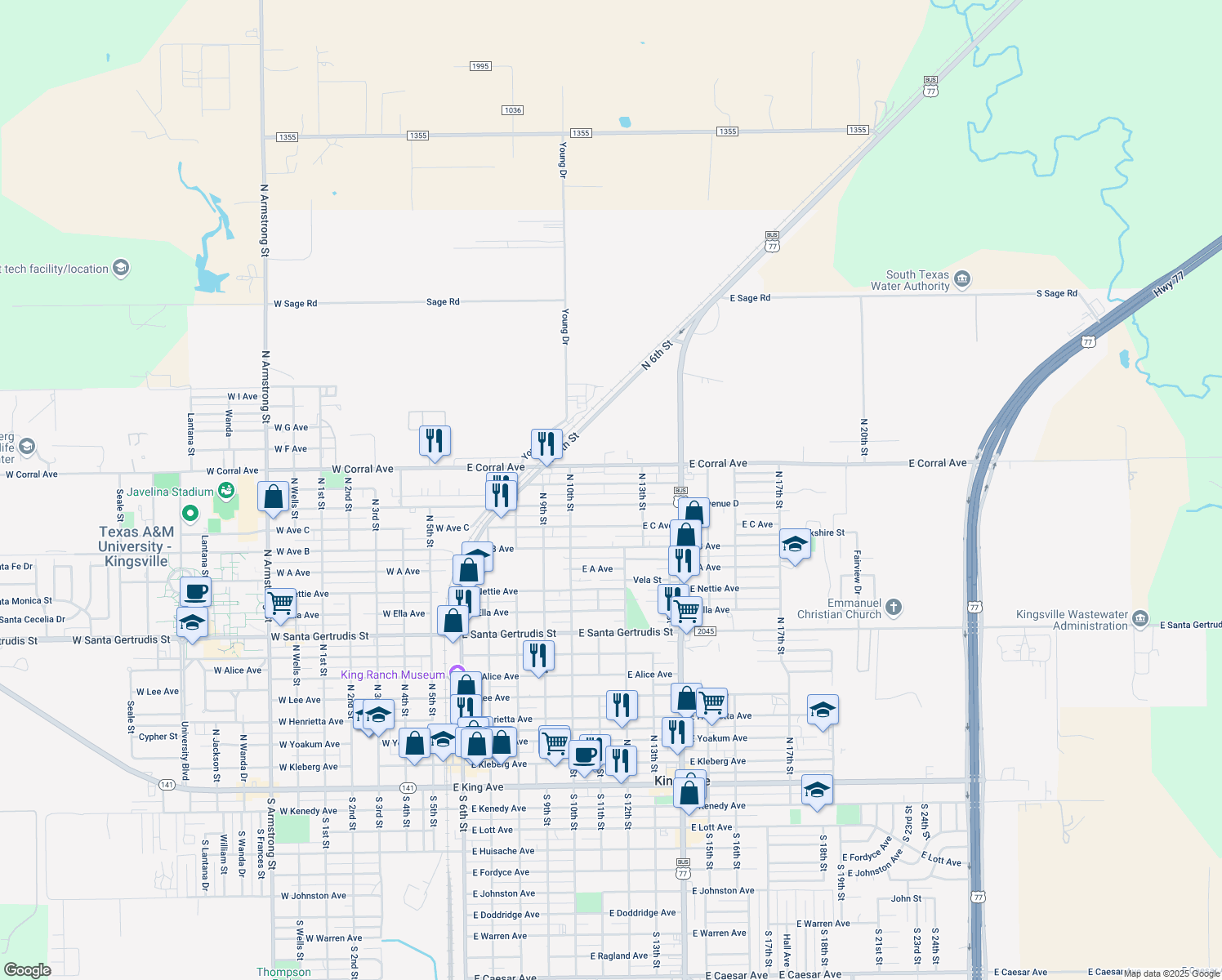 map of restaurants, bars, coffee shops, grocery stores, and more near 709 East Mesquite Avenue in Kingsville