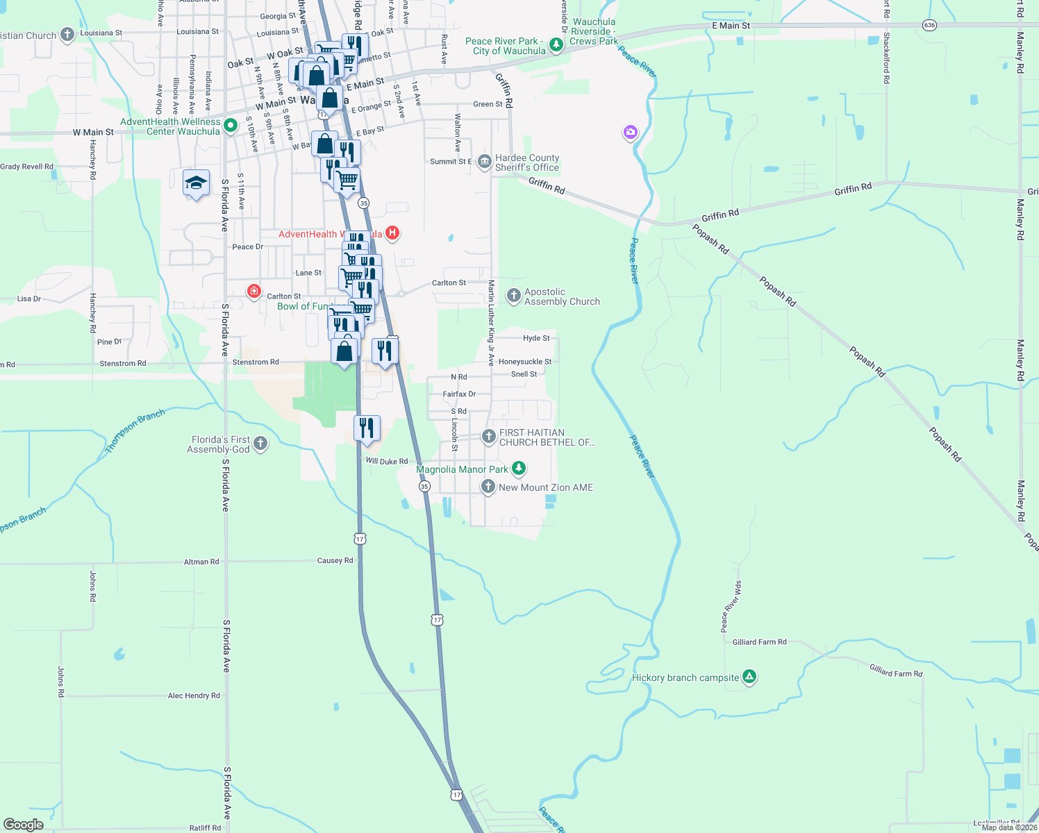map of restaurants, bars, coffee shops, grocery stores, and more near 1230 David Court in Wauchula