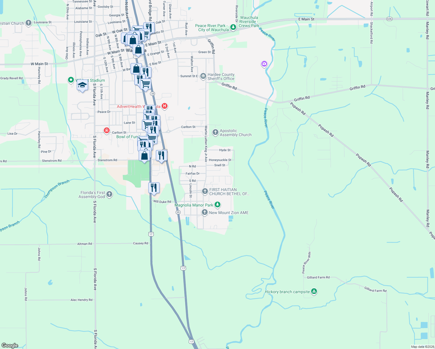 map of restaurants, bars, coffee shops, grocery stores, and more near 651 Sally Pl in Wauchula