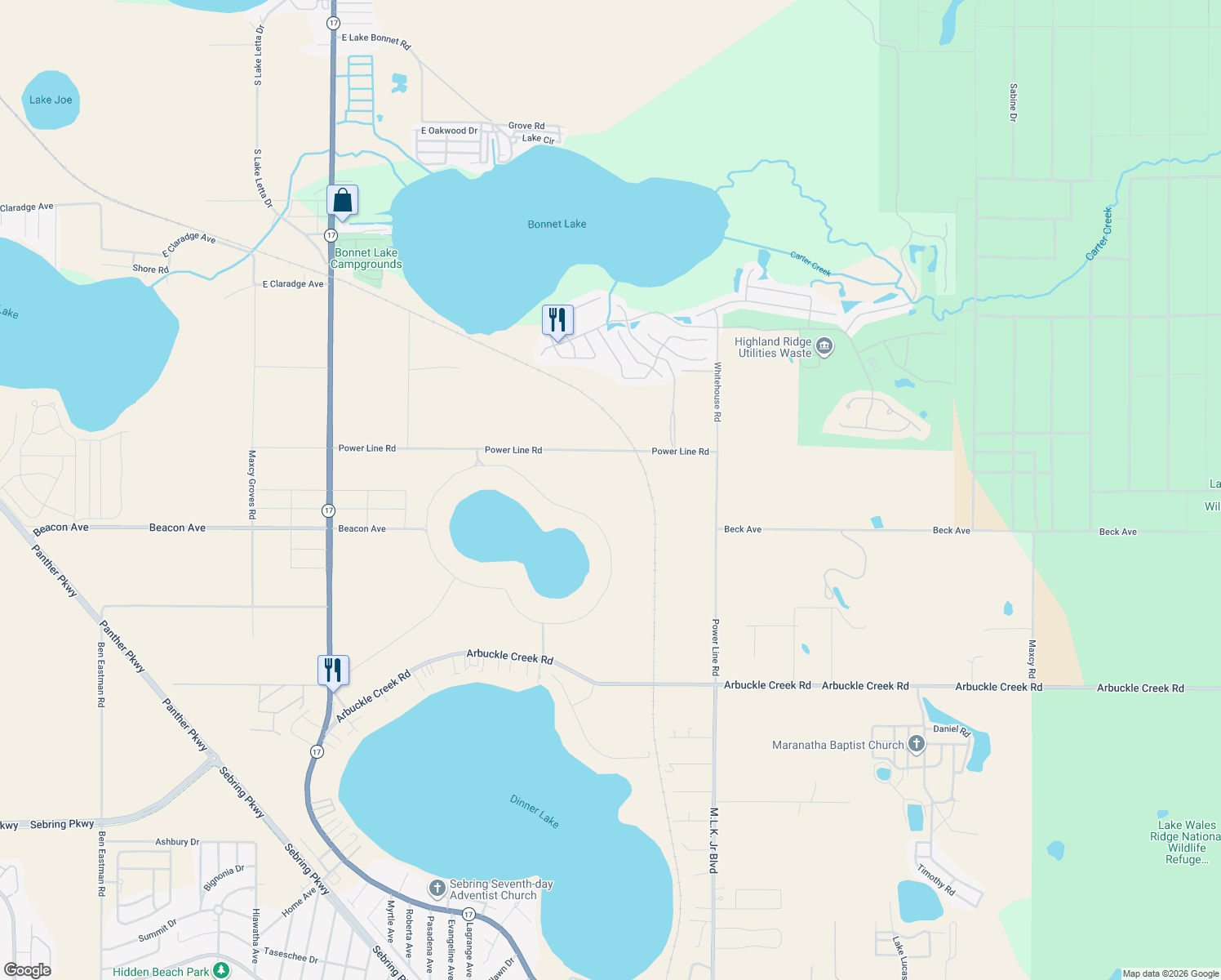 map of restaurants, bars, coffee shops, grocery stores, and more near 3163 Powerline Road in Sebring