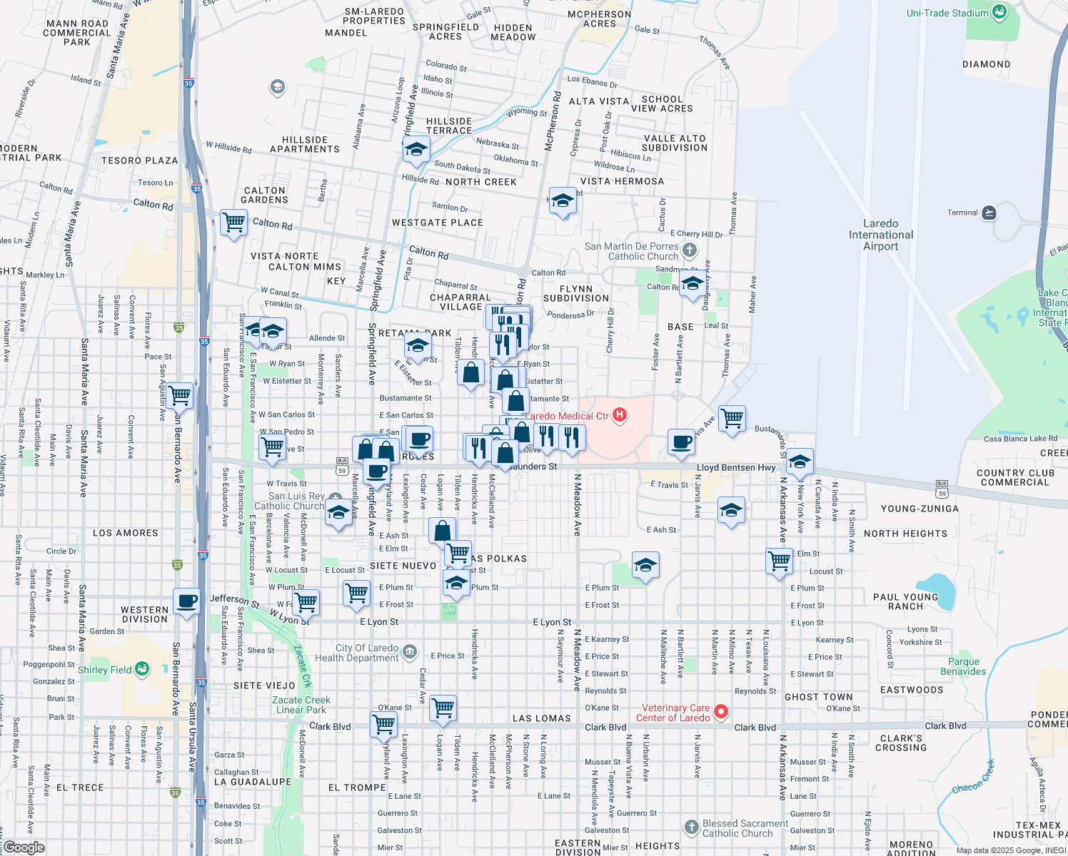 map of restaurants, bars, coffee shops, grocery stores, and more near 1304 East San Pedro Street in Laredo