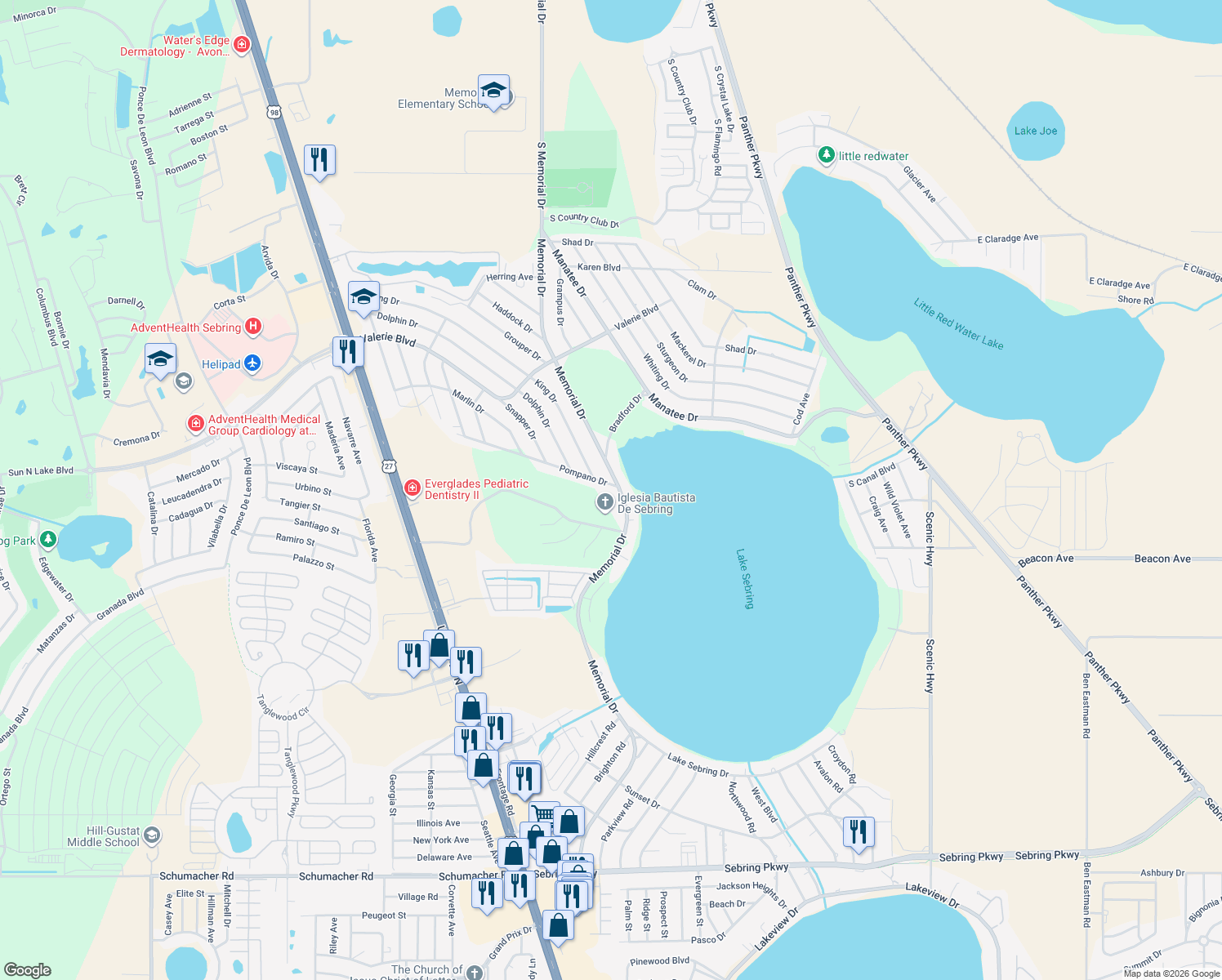 map of restaurants, bars, coffee shops, grocery stores, and more near 2607 Pompino Drive in Sebring