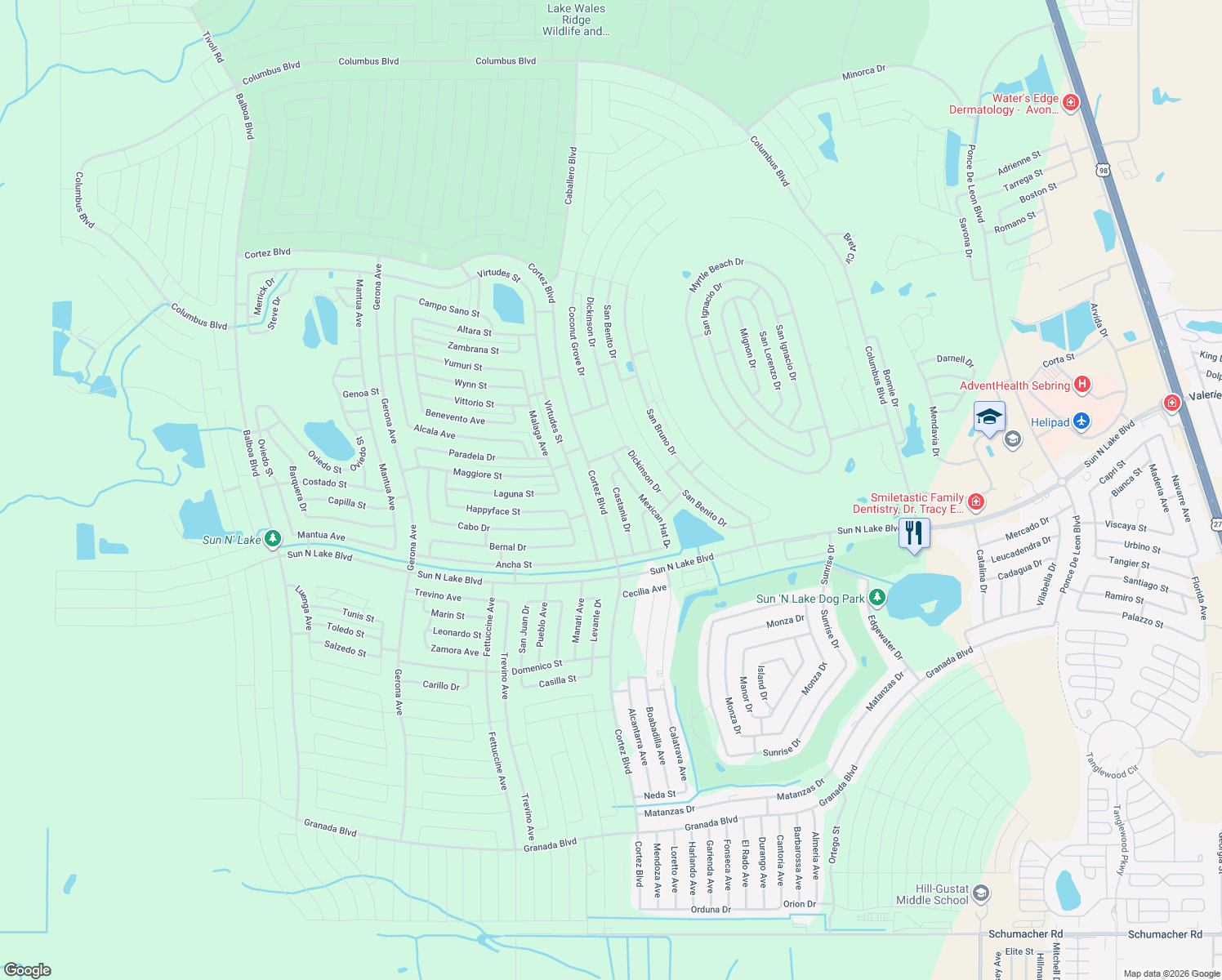 map of restaurants, bars, coffee shops, grocery stores, and more near 5549 Castania Drive in Sebring