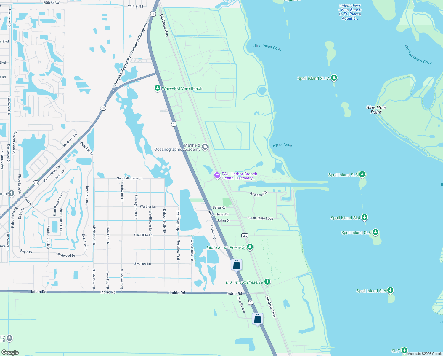 map of restaurants, bars, coffee shops, grocery stores, and more near 5600 Old Dixie Hwy in Fort Pierce