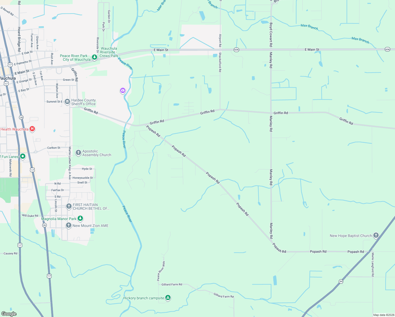 map of restaurants, bars, coffee shops, grocery stores, and more near 923 Popash Road in Wauchula