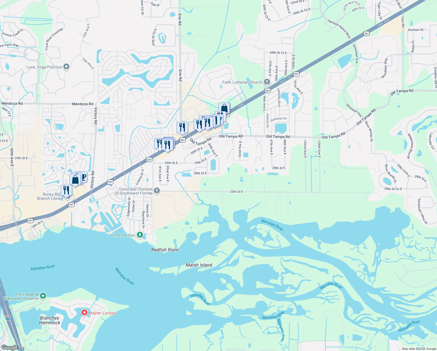 map of restaurants, bars, coffee shops, grocery stores, and more near 8825 28th Street East in Parrish