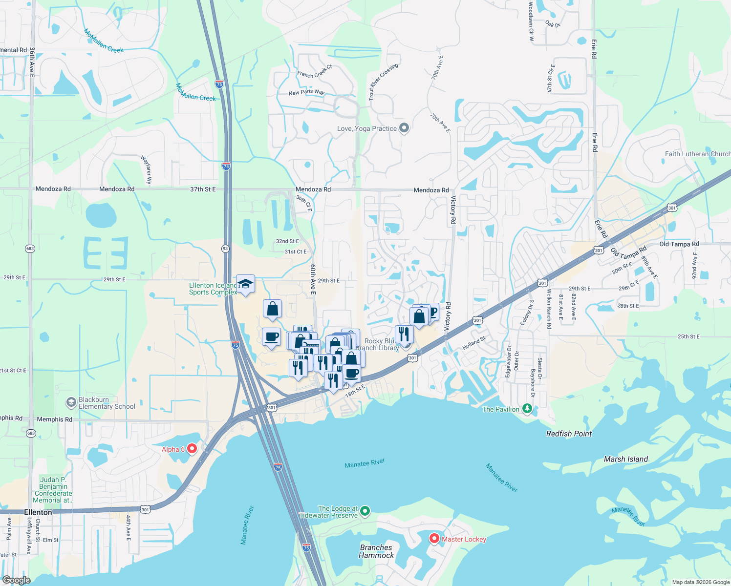 map of restaurants, bars, coffee shops, grocery stores, and more near 160 Nightingale Cir in Ellenton