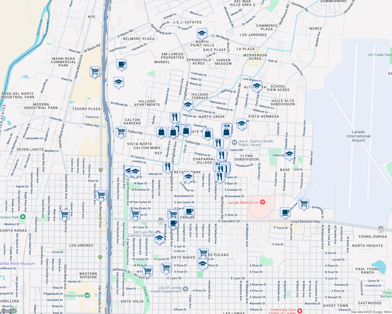 map of restaurants, bars, coffee shops, grocery stores, and more near 4611 Yucca Dr in Laredo