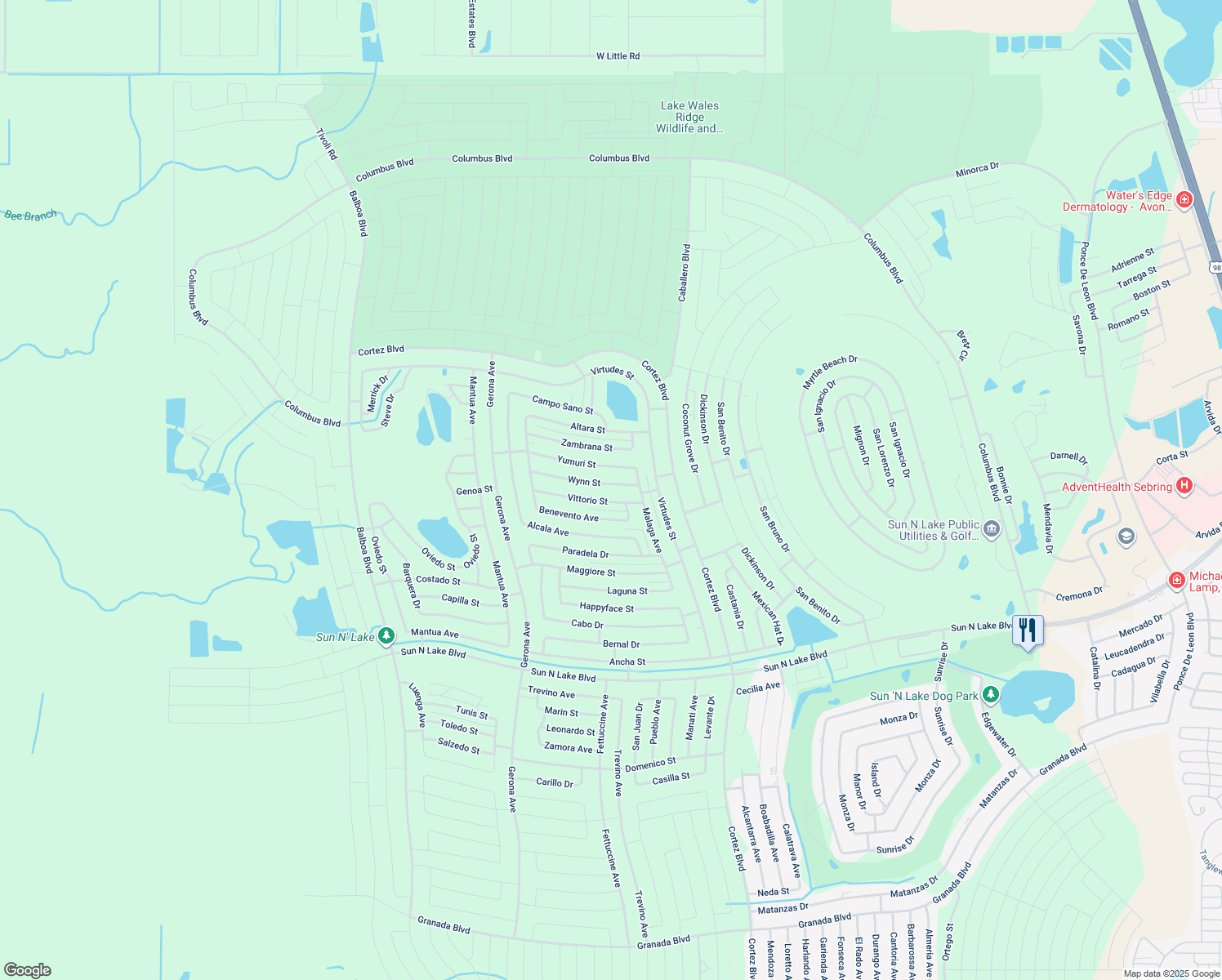 map of restaurants, bars, coffee shops, grocery stores, and more near 7723 Wynn Street in Sebring