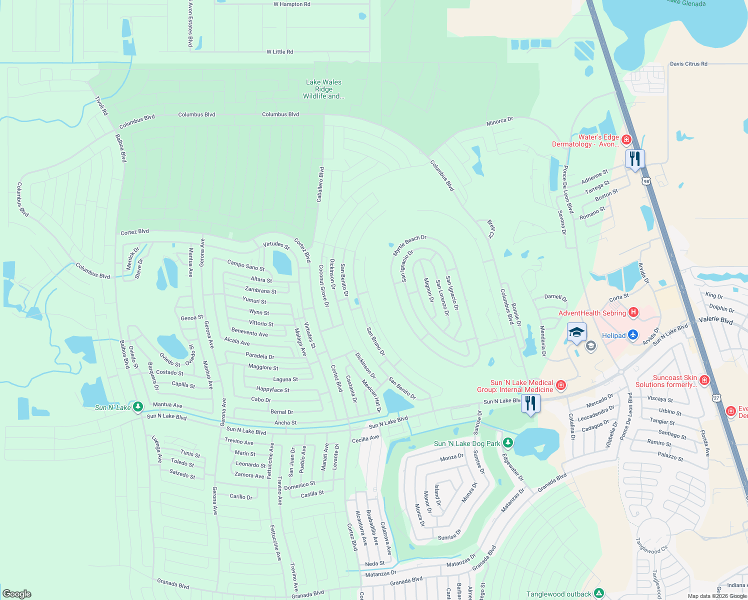 map of restaurants, bars, coffee shops, grocery stores, and more near 5215 Pebble Beach Drive in Sebring