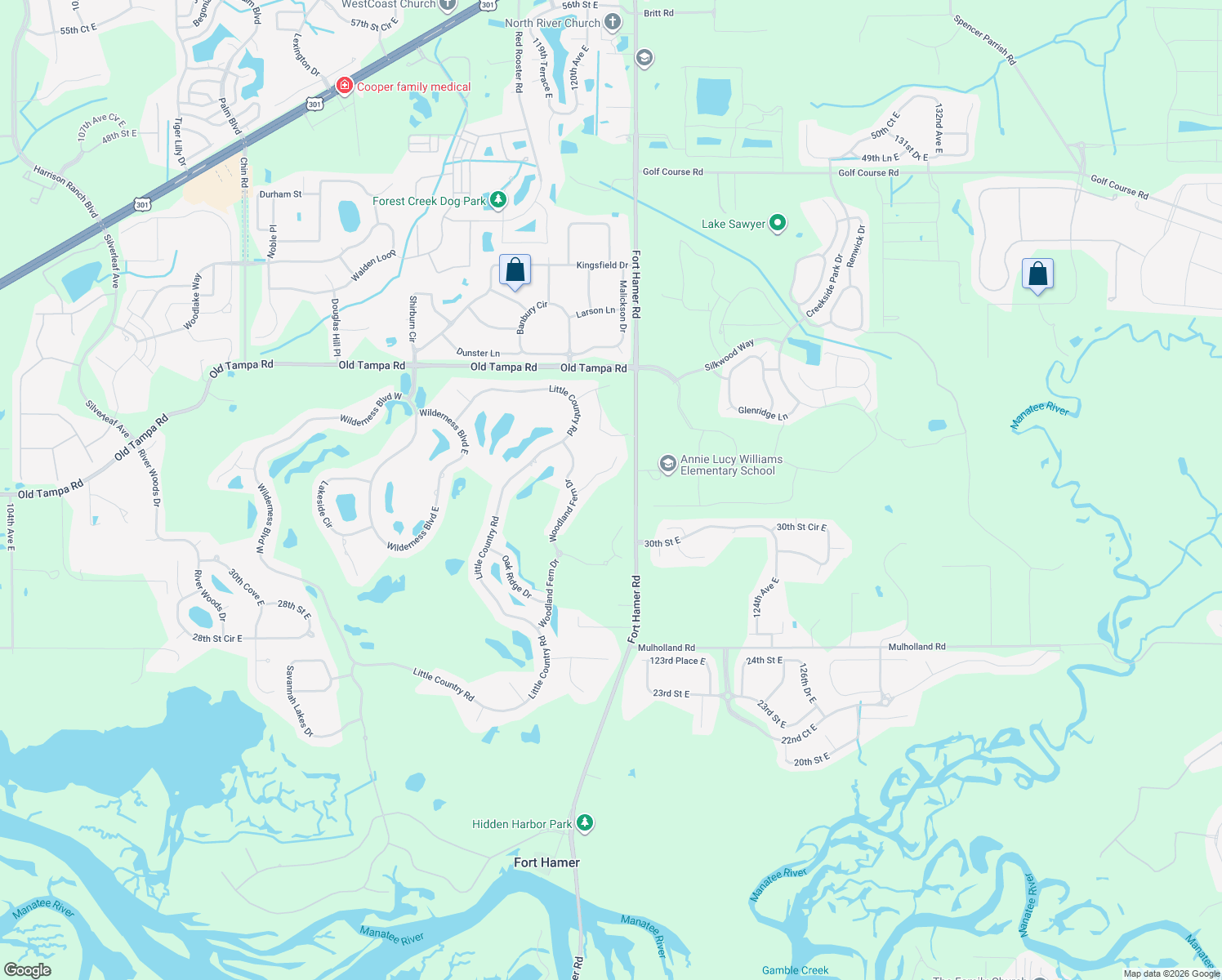 map of restaurants, bars, coffee shops, grocery stores, and more near 3201 Fort Hamer Road in Parrish