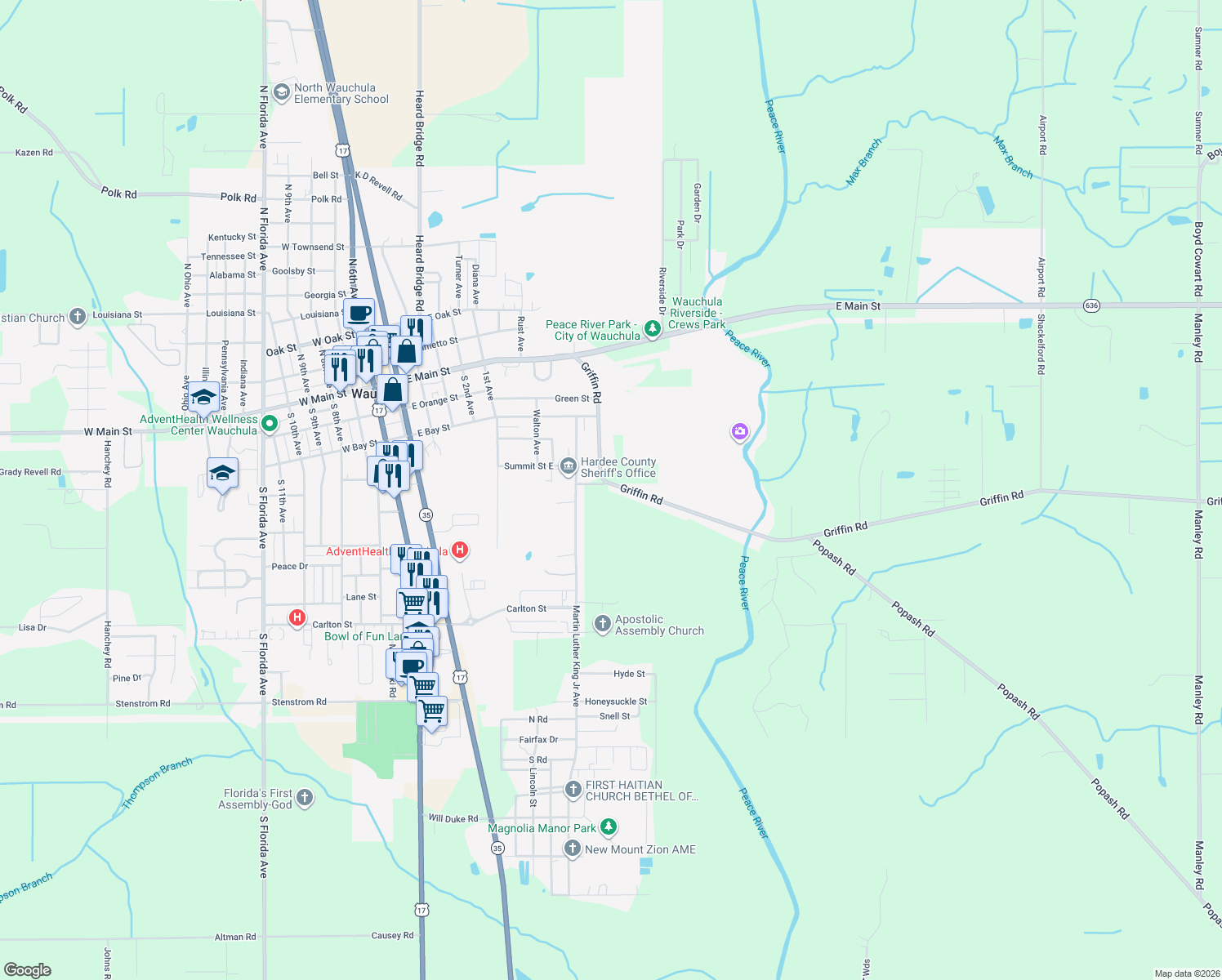 map of restaurants, bars, coffee shops, grocery stores, and more near 338 Griffin Road in Wauchula