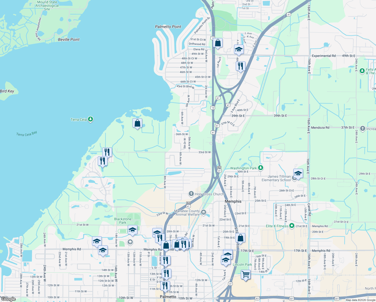 map of restaurants, bars, coffee shops, grocery stores, and more near 3305 5th Avenue West in Palmetto
