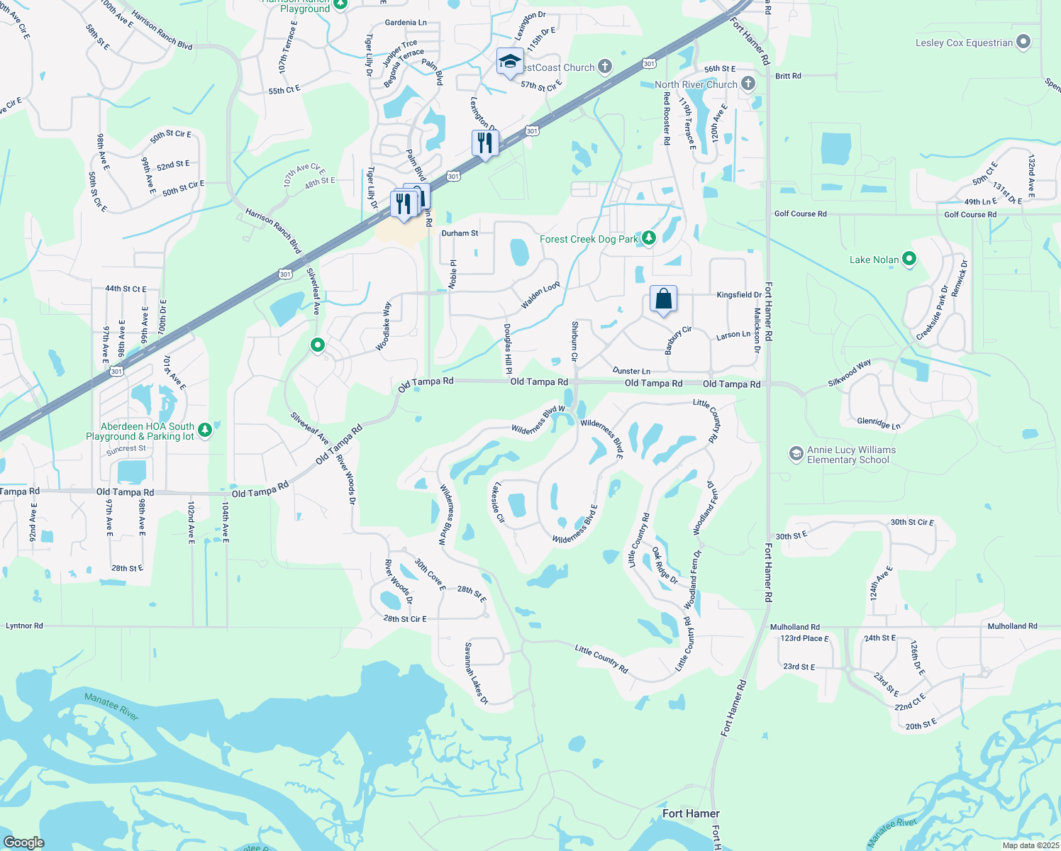 map of restaurants, bars, coffee shops, grocery stores, and more near 3649 Wilderness Boulevard West in Parrish
