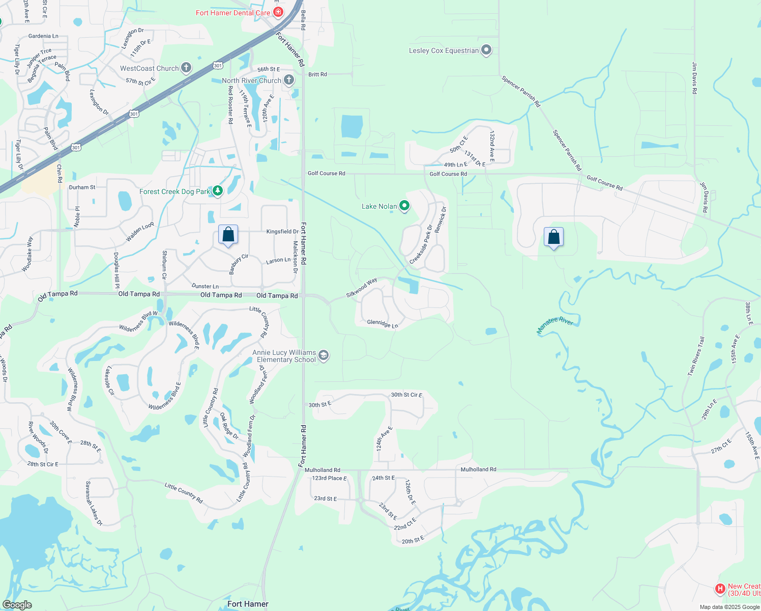 map of restaurants, bars, coffee shops, grocery stores, and more near 3830 Manorwood Loop in Parrish