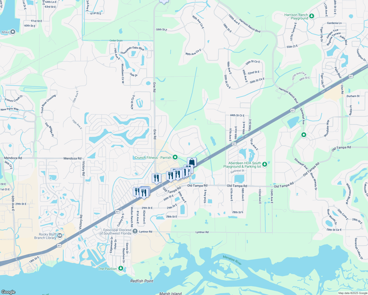 map of restaurants, bars, coffee shops, grocery stores, and more near 3922 90th Avenue East in Parrish