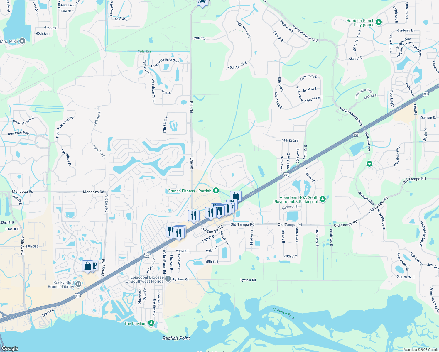 map of restaurants, bars, coffee shops, grocery stores, and more near 4003 90th Avenue East in Parrish
