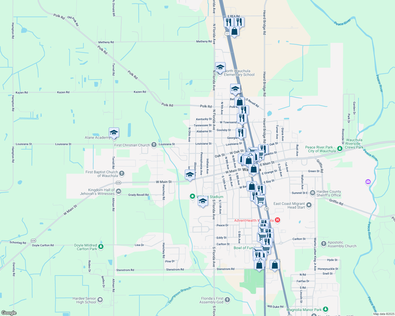 map of restaurants, bars, coffee shops, grocery stores, and more near 220 Illinois Avenue in Wauchula