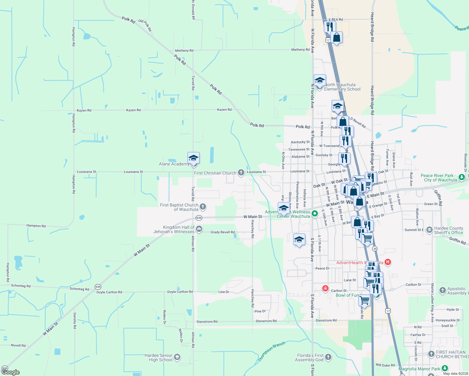 map of restaurants, bars, coffee shops, grocery stores, and more near 1510 Burton Street in Wauchula