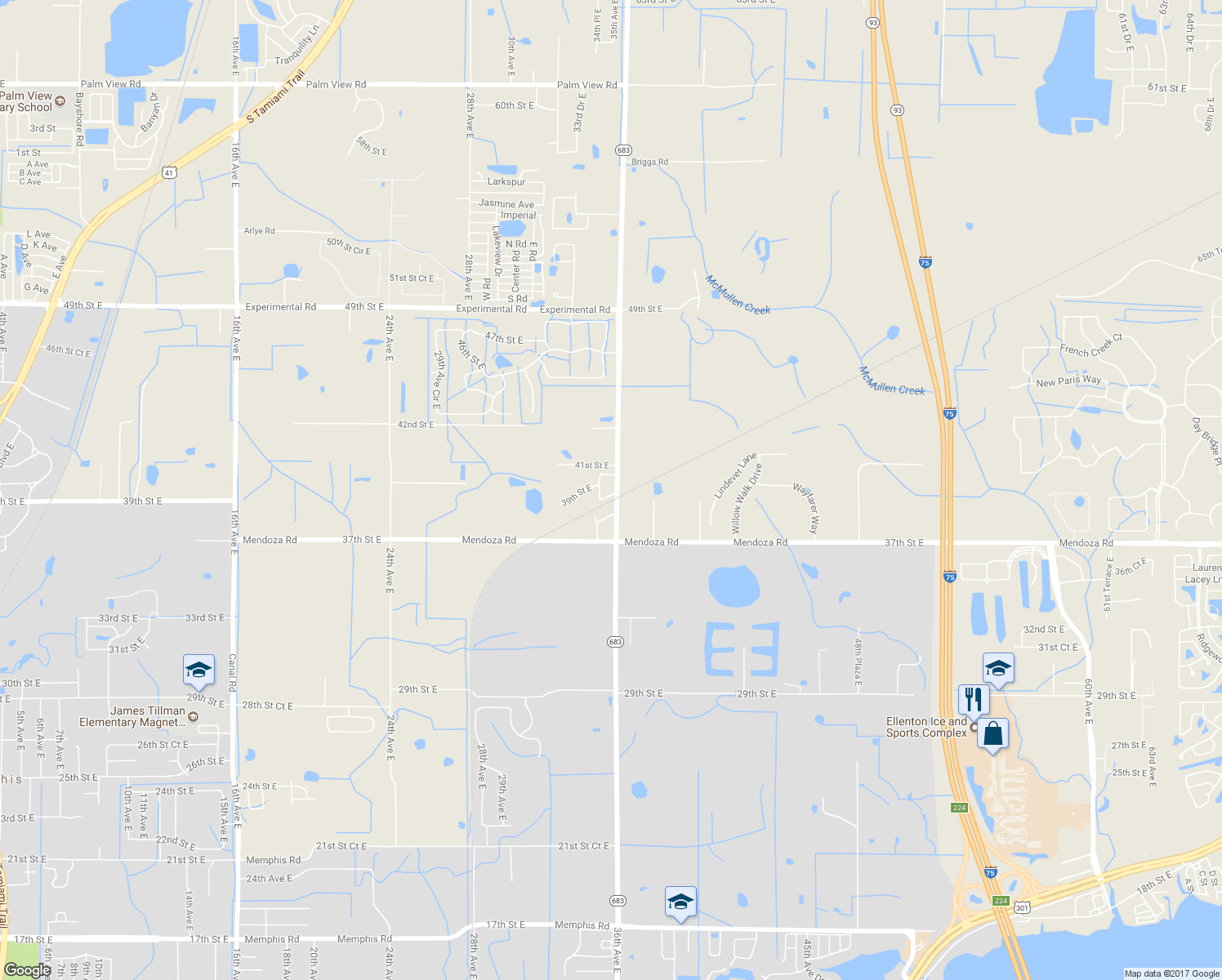 map of restaurants, bars, coffee shops, grocery stores, and more near 3510 39th Street East in Palmetto