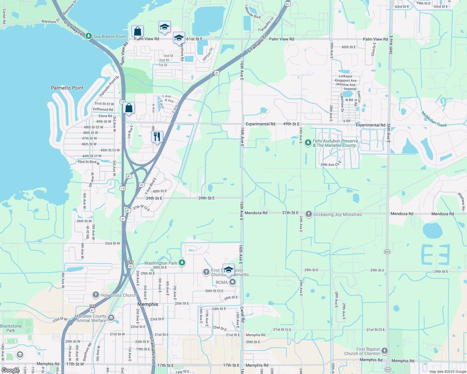 map of restaurants, bars, coffee shops, grocery stores, and more near 3921 16th Avenue East in Palmetto