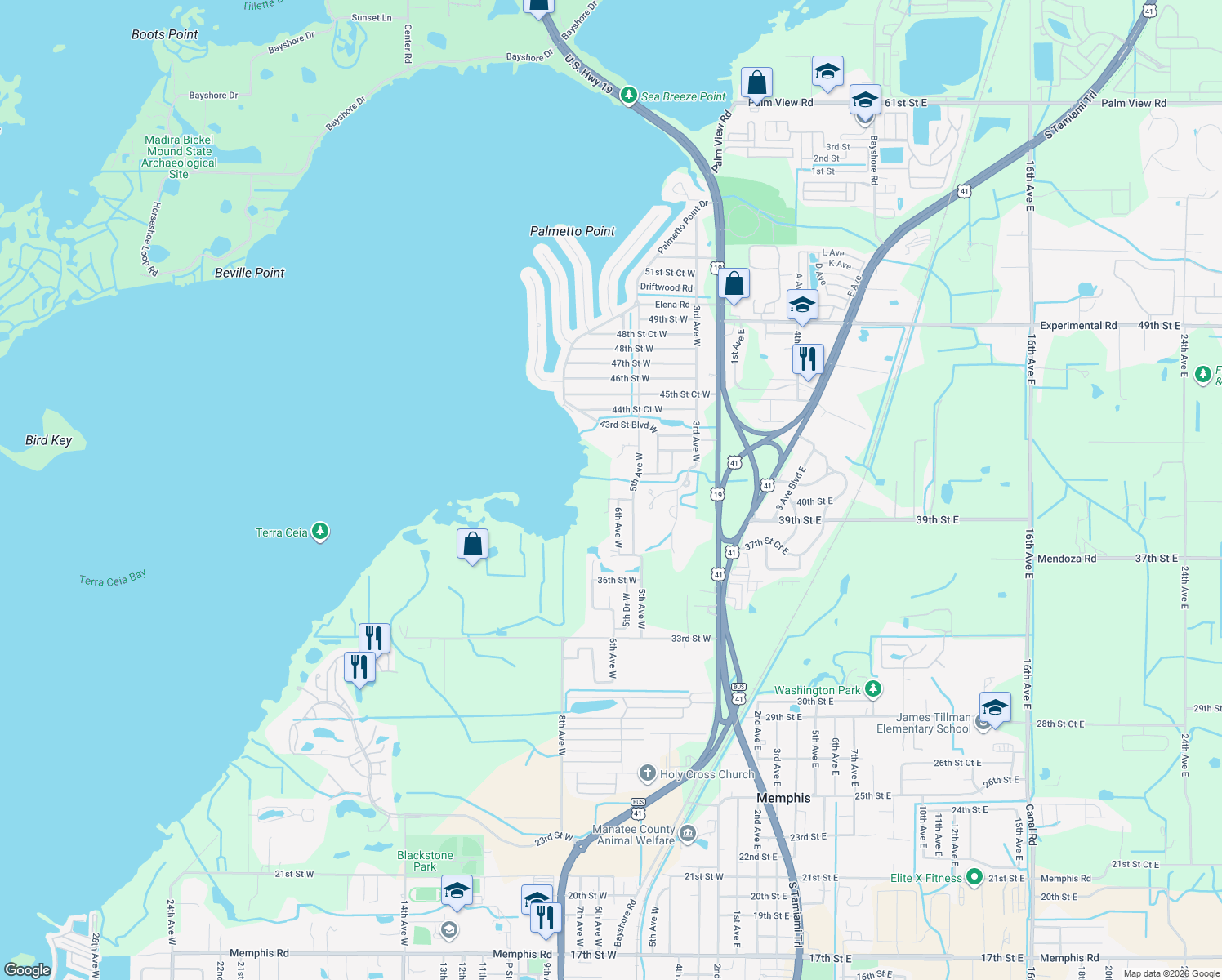 map of restaurants, bars, coffee shops, grocery stores, and more near 576 Oneida Road in Palmetto