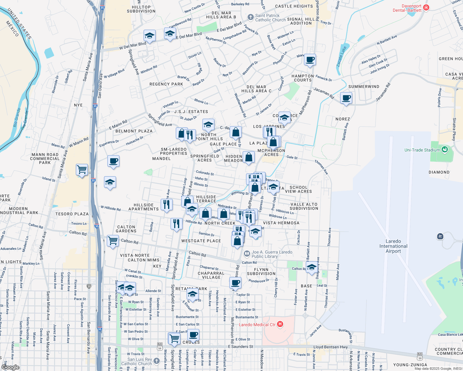 map of restaurants, bars, coffee shops, grocery stores, and more near 227 Idaho St in Laredo