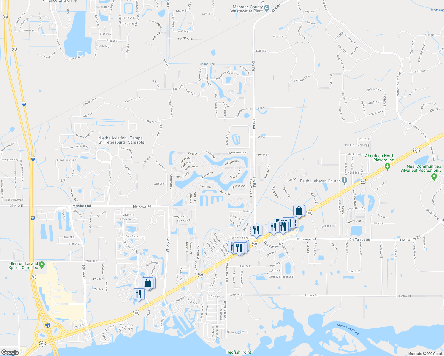 map of restaurants, bars, coffee shops, grocery stores, and more near 8115 Buena Vista Way South in Ellenton
