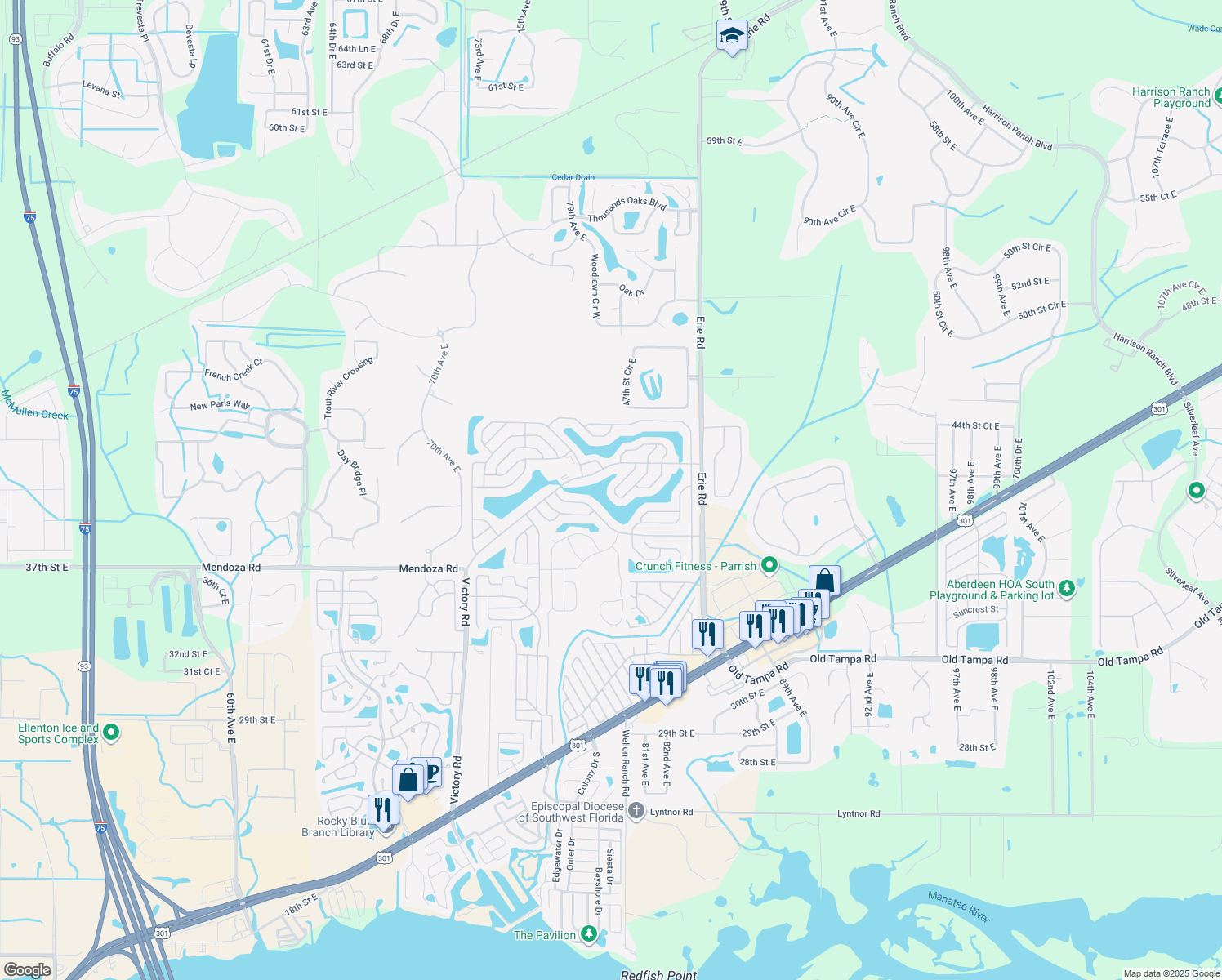 map of restaurants, bars, coffee shops, grocery stores, and more near 8115 Buena Vista Way South in Ellenton