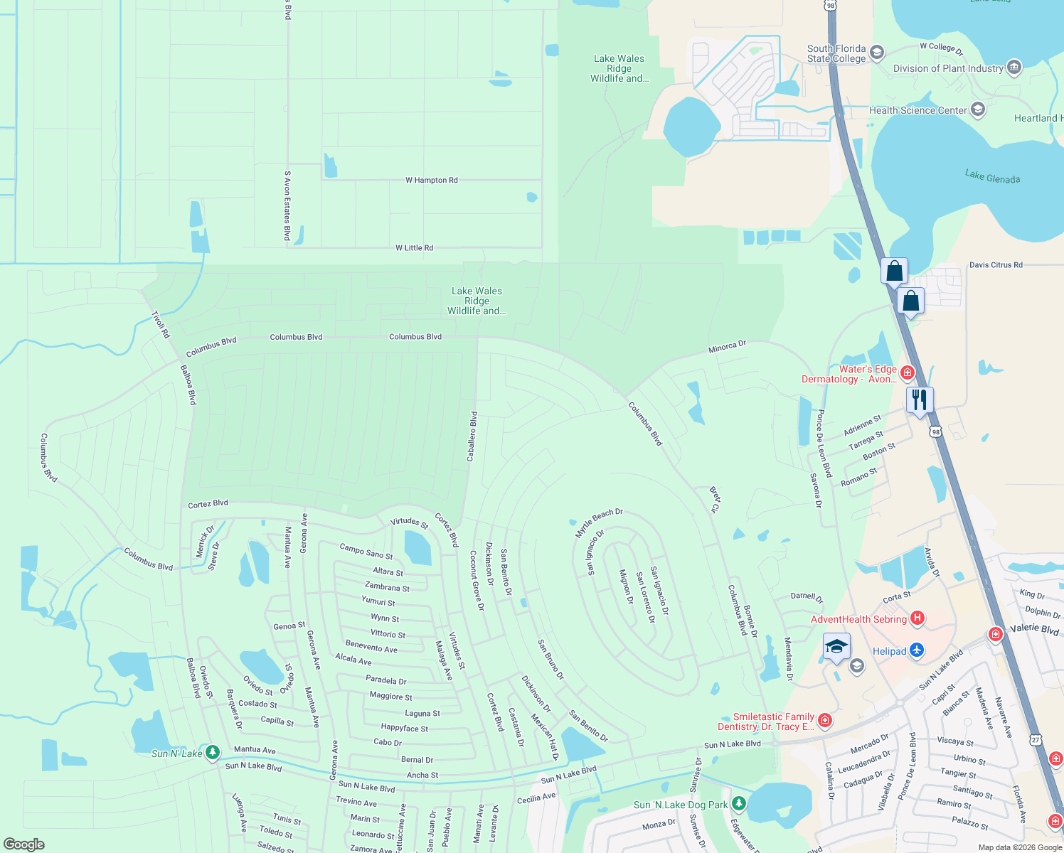 map of restaurants, bars, coffee shops, grocery stores, and more near 6545 Holden Road in Sebring