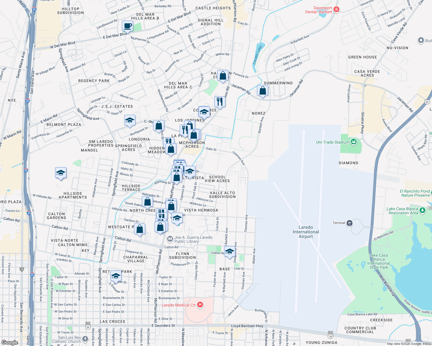 map of restaurants, bars, coffee shops, grocery stores, and more near 1440 Los Ebanos Drive in Laredo