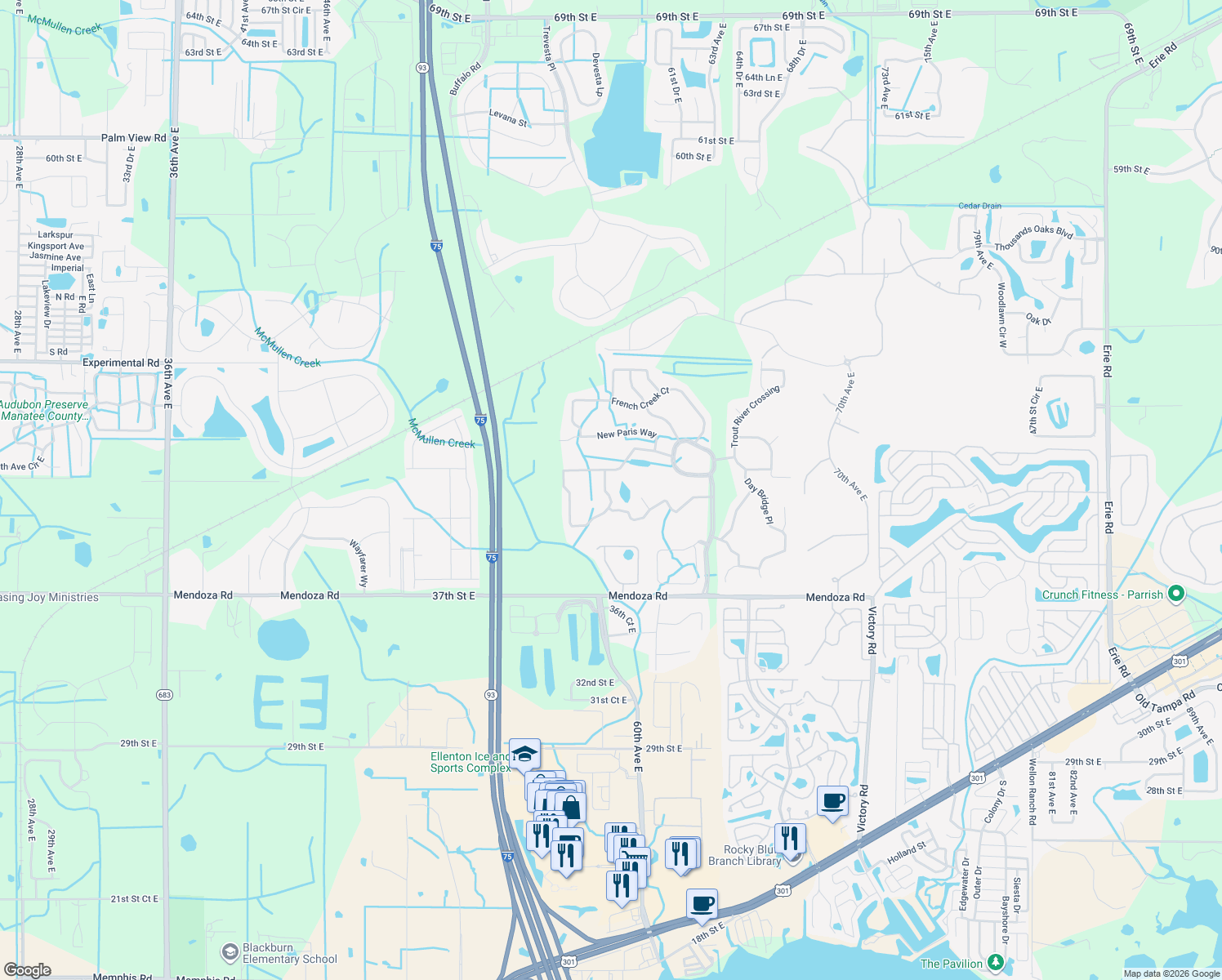 map of restaurants, bars, coffee shops, grocery stores, and more near 4124 Little Gap Loop in Ellenton