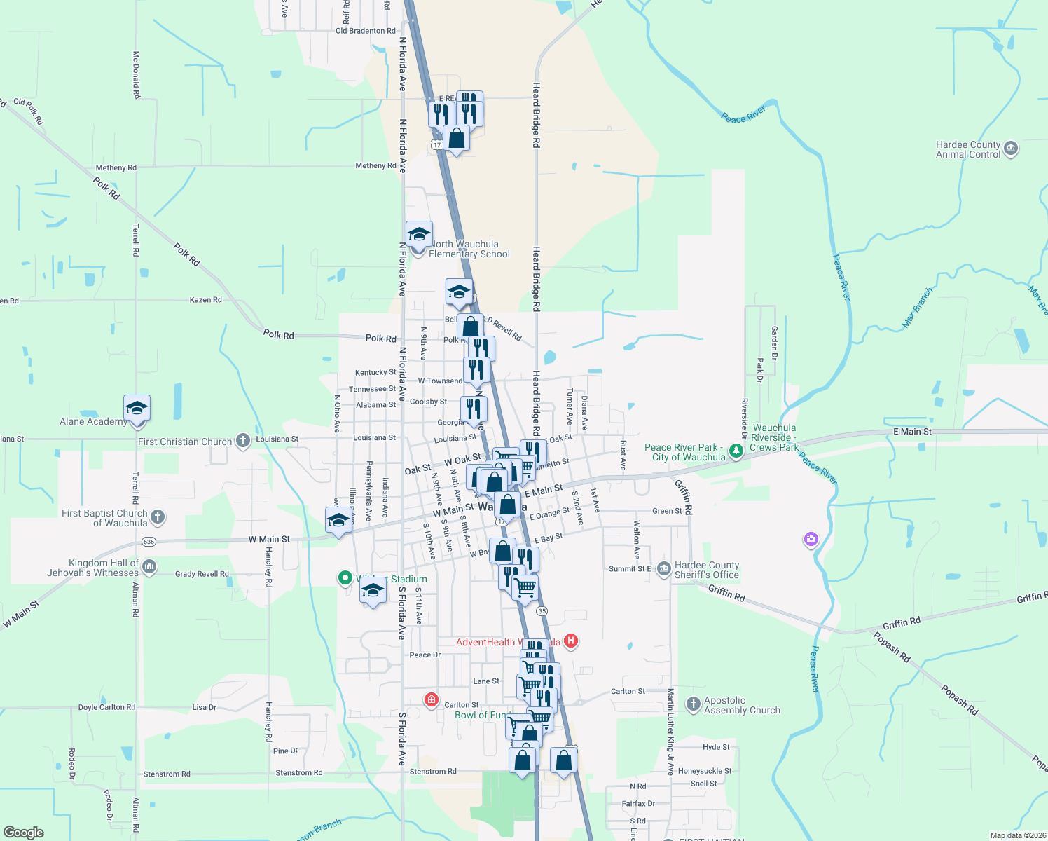 map of restaurants, bars, coffee shops, grocery stores, and more near 322 North 4th Avenue in Wauchula